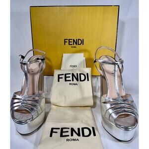 Fendi Silver/Gold Metallic Capra Metal T-Strap Block Heel Fendi 8X6653 RARE